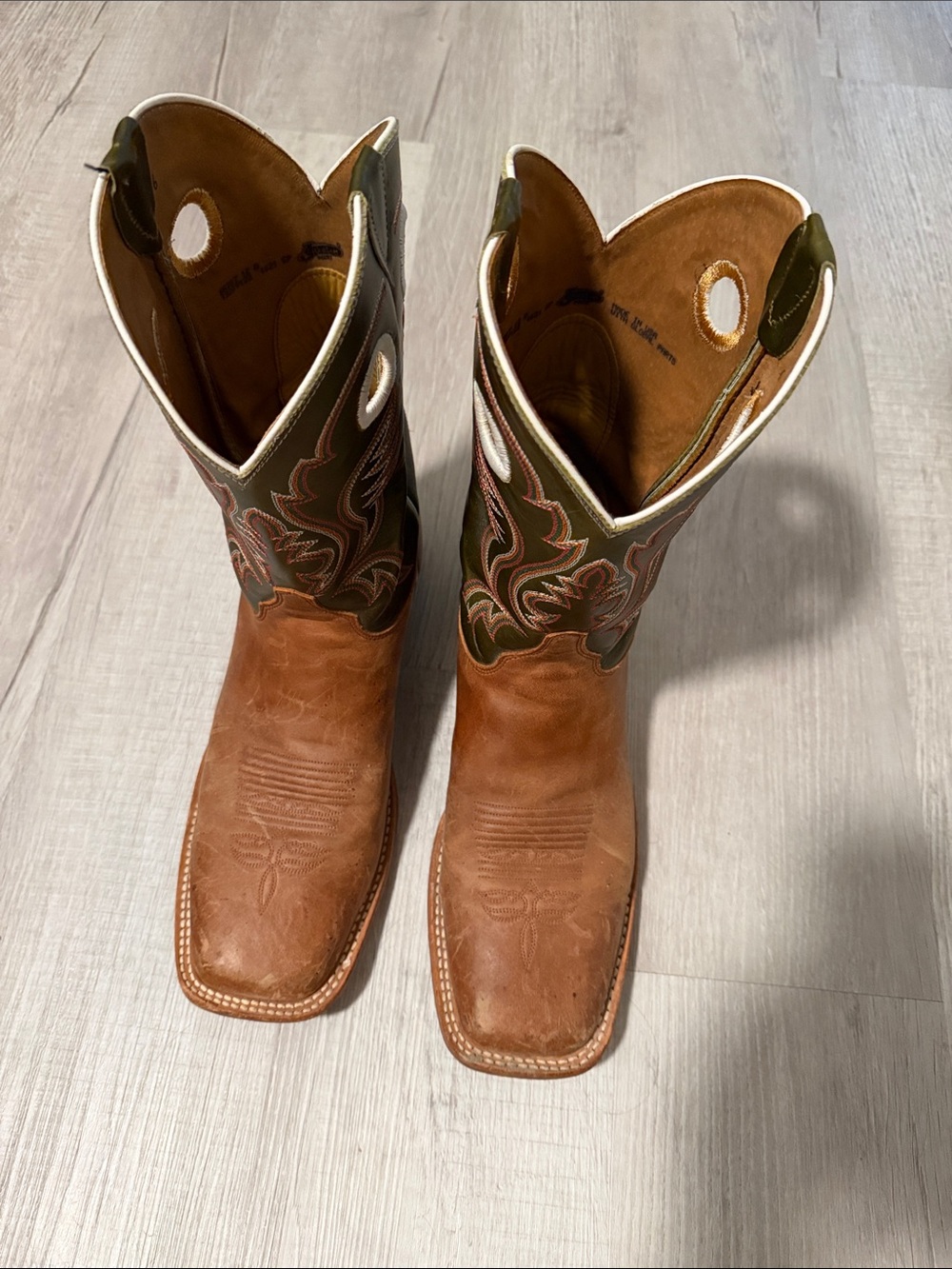 Justin Boots Brown and Olive Green Leather Cowboy Boots